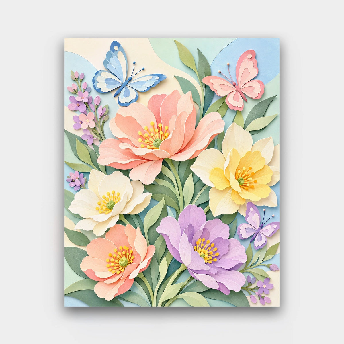 Paper Petals and Butterflies paint by numbers kit of layered papercut pastel flowers and butterflies with soft shadows