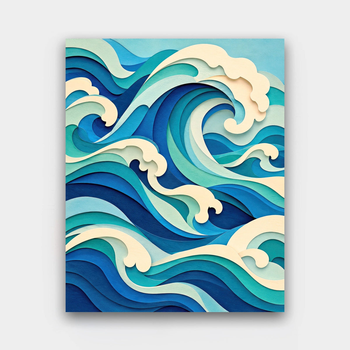 Paper Waves paint by numbers kit of layered papercut ocean waves in blues and teals with soft shadows
