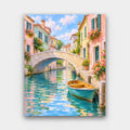 Pastel Canal Morning paint by numbers kit of pastel houses with flower boxes along a canal with a stone bridge and a moored rowboat