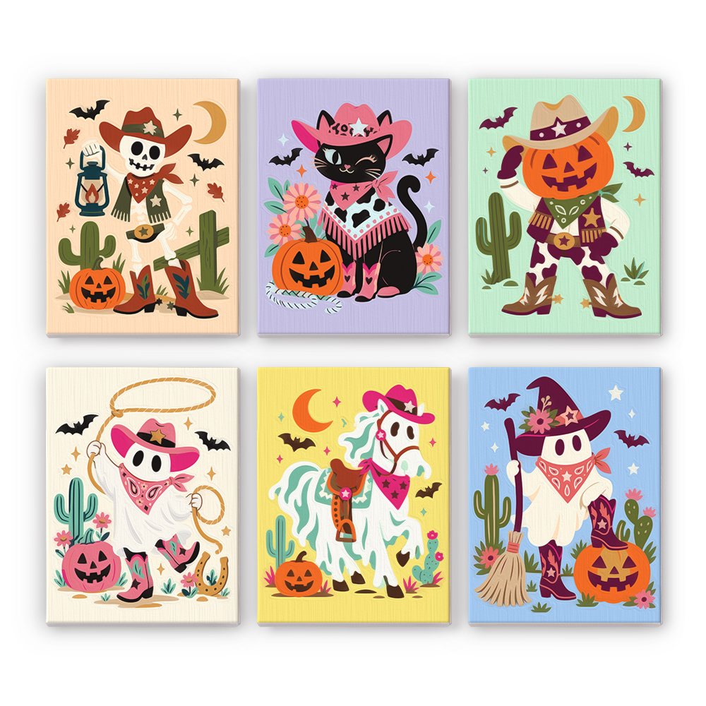 Pastel Cowboy Spooks mini paint by numbers set: six pastel western Halloween characters including a skeleton cowboy, cowgirl cat, pumpkin-head, ghosts and a ghostly horse