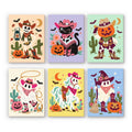 Pastel Cowboy Spooks mini paint by numbers set: six pastel western Halloween characters including a skeleton cowboy, cowgirl cat, pumpkin-head, ghosts and a ghostly horse