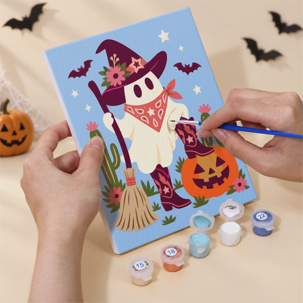 Numbered paint pots and brushes on a pre-stretched Pastel Cowboy Spooks mini canvas
