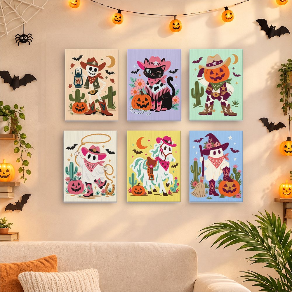 Before and after of a Pastel Cowboy Spooks mini paint by numbers canvas