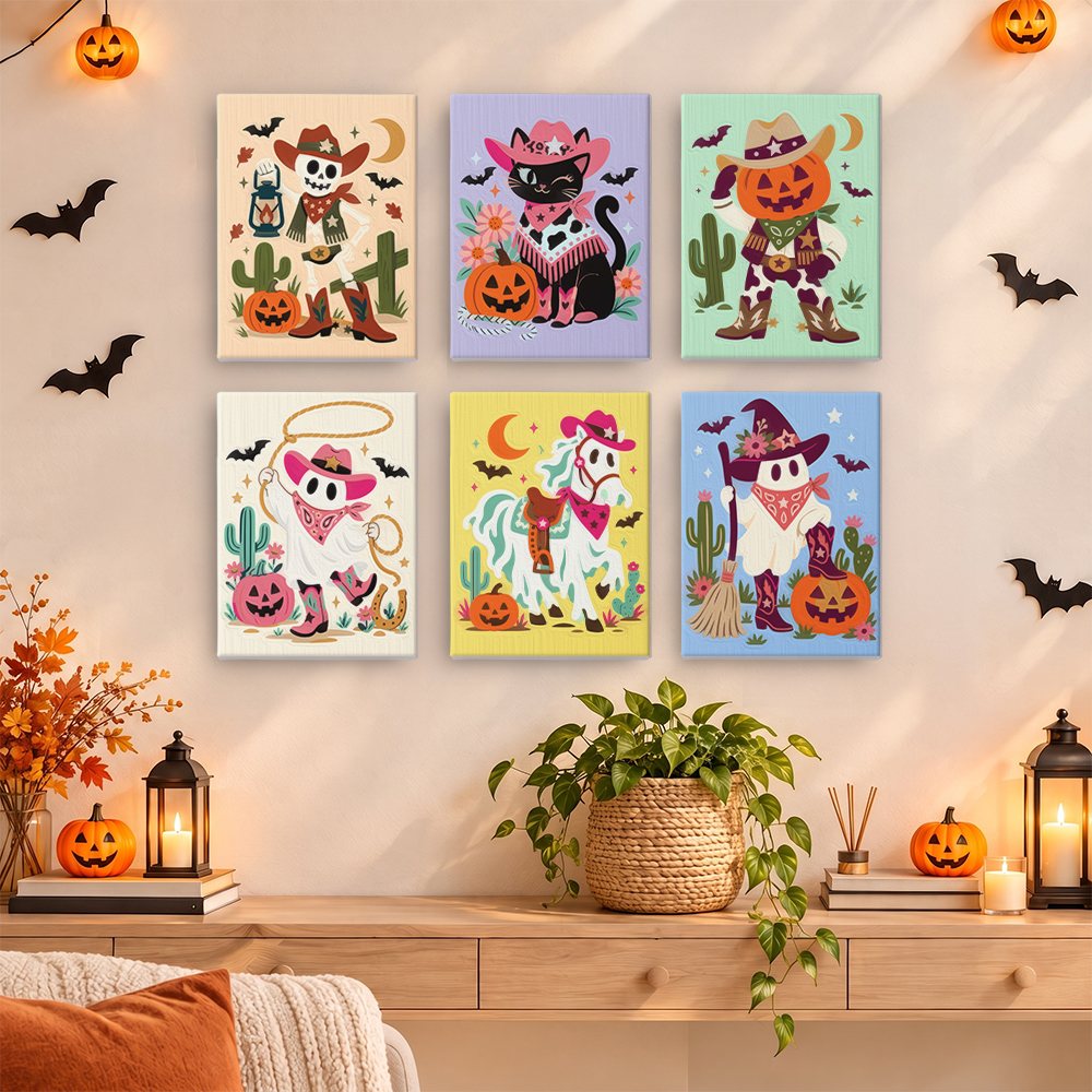 Painting a Pastel Cowboy Spooks mini canvas propped up beside numbered acrylic paints