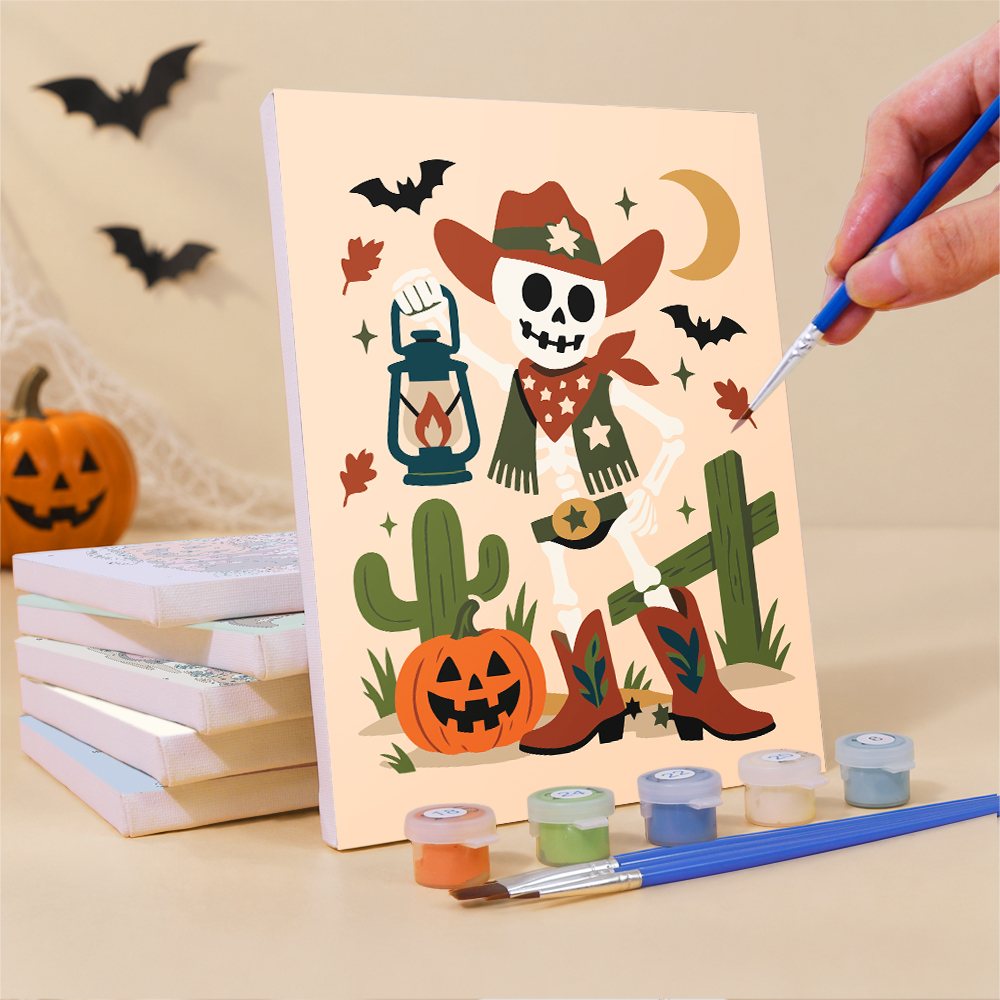 What's included pre-stretched on frame: six framed Pastel Cowboy Spooks mini canvases, paints, three brushes, hangers and layout