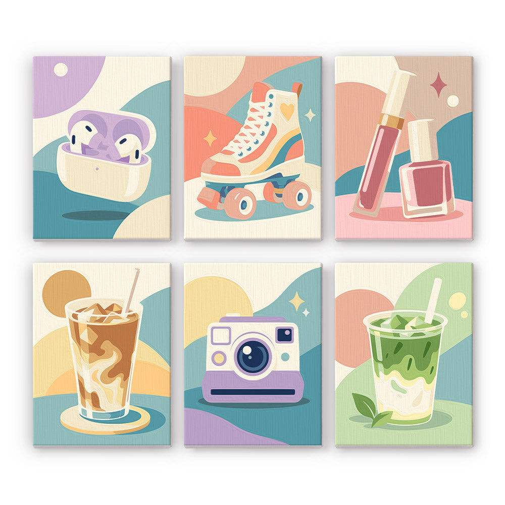 Pastel Favorites mini paint by numbers set: six pastel designs of earbuds, a roller skate, makeup, iced drinks and a camera