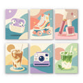 Pastel Favorites mini paint by numbers set: six pastel designs of earbuds, a roller skate, makeup, iced drinks and a camera