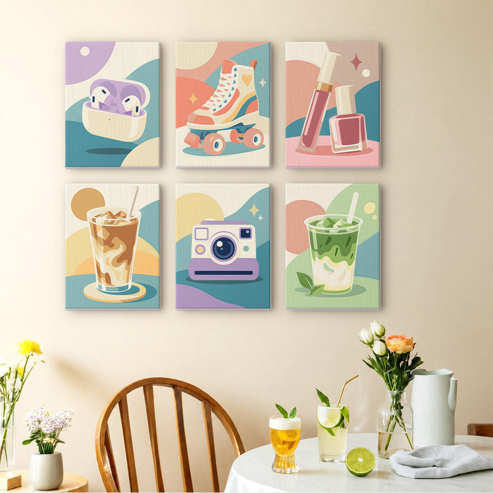 Pastel Favorites mini paintings displayed as a gallery wall in a sunny kitchen