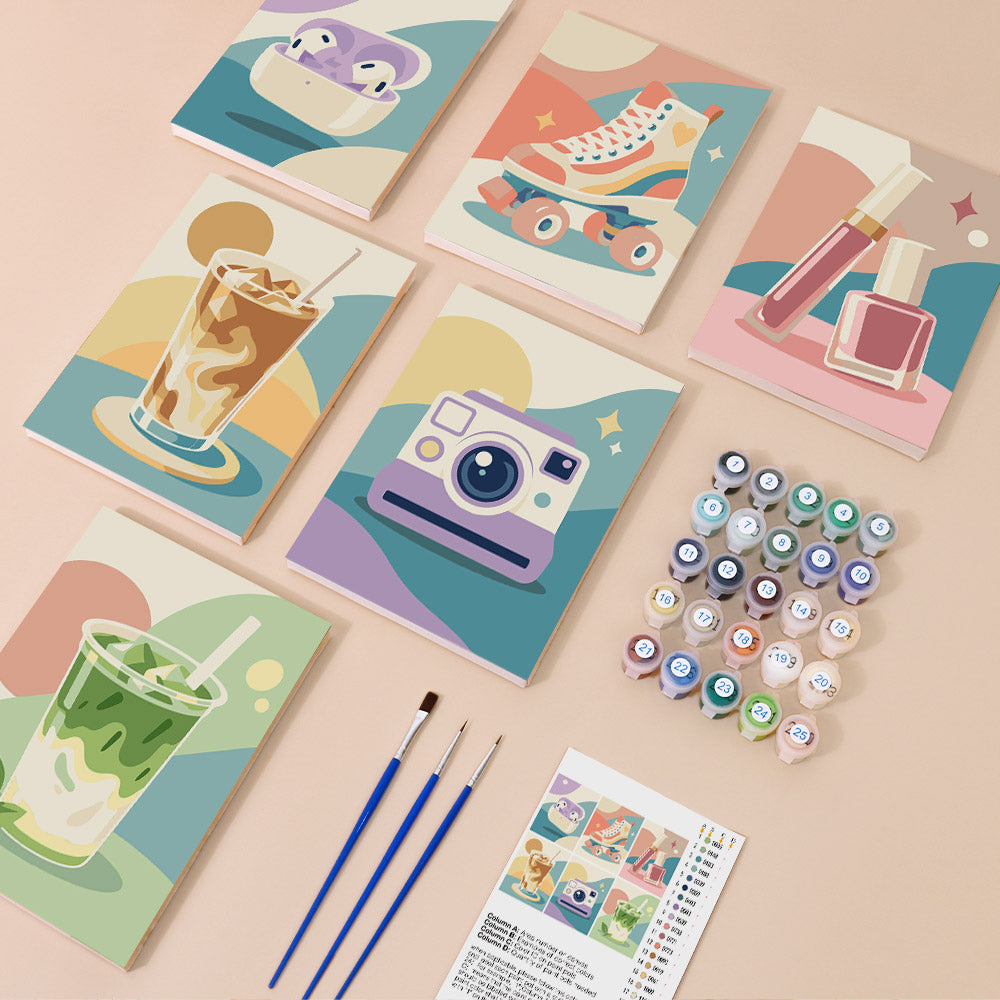Pastel Favorites mini paint by numbers kit with six numbered canvases, acrylic paints, brushes and layout