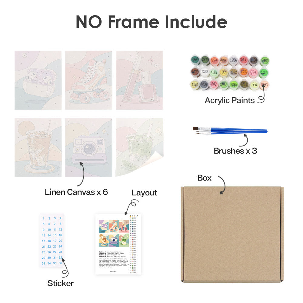 What's included without a frame: six rolled Pastel Favorites mini canvases, acrylic paints, three brushes and layout