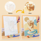 Before and after of a Pastel Favorites mini paint by numbers canvas