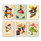 Pastel Halloween Pals mini paint by numbers set: six costumed characters on pastel backgrounds, including a hedgehog, flamingo, pumpkin skater, ghost, owl and mushroom