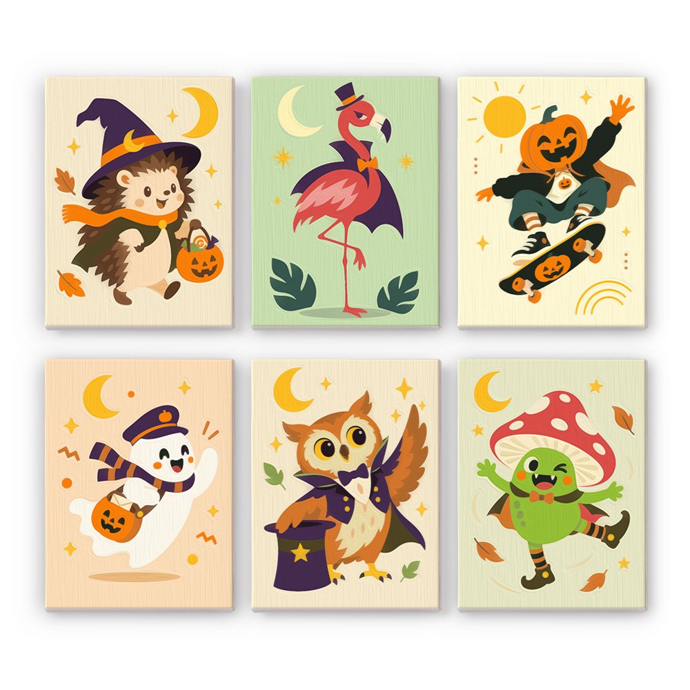 Pastel Halloween Pals mini paint by numbers set: six costumed characters on pastel backgrounds, including a hedgehog, flamingo, pumpkin skater, ghost, owl and mushroom