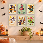 Pastel Halloween Pals mini paintings displayed as a gallery wall in a sunny kitchen