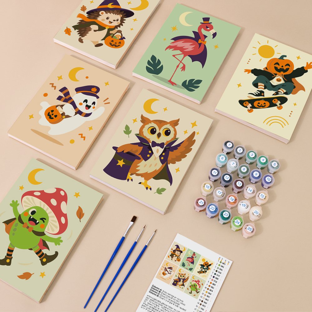 Pastel Halloween Pals mini paint by numbers kit with six numbered canvases, acrylic paints, brushes and layout
