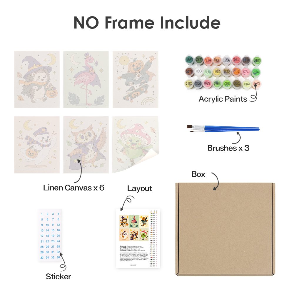 What's included without a frame: six rolled Pastel Halloween Pals mini canvases, acrylic paints, three brushes and layout