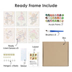 What's included pre-stretched on frame: six framed Pastel Halloween Pals mini canvases, paints, three brushes, hangers and layout