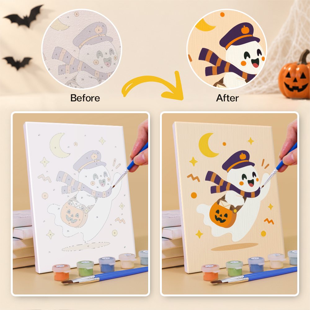 Before and after of a Pastel Halloween Pals mini paint by numbers canvas