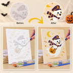 Before and after of a Pastel Halloween Pals mini paint by numbers canvas