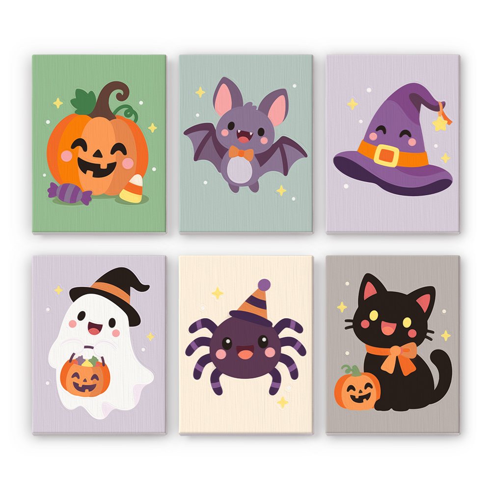 Pastel Kawaii Icons mini paint by numbers set: six kawaii Halloween icons on soft pastel backgrounds, including a pumpkin, bat, witch hat, ghost, spider and black cat