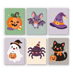 Pastel Kawaii Icons mini paint by numbers set: six kawaii Halloween icons on soft pastel backgrounds, including a pumpkin, bat, witch hat, ghost, spider and black cat