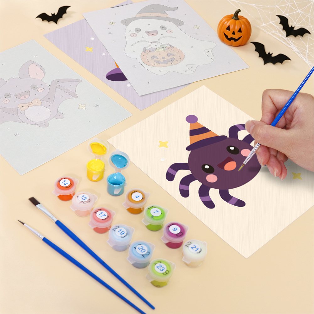 Filling in a Pastel Kawaii Icons mini canvas with numbered acrylic paints and a fine brush