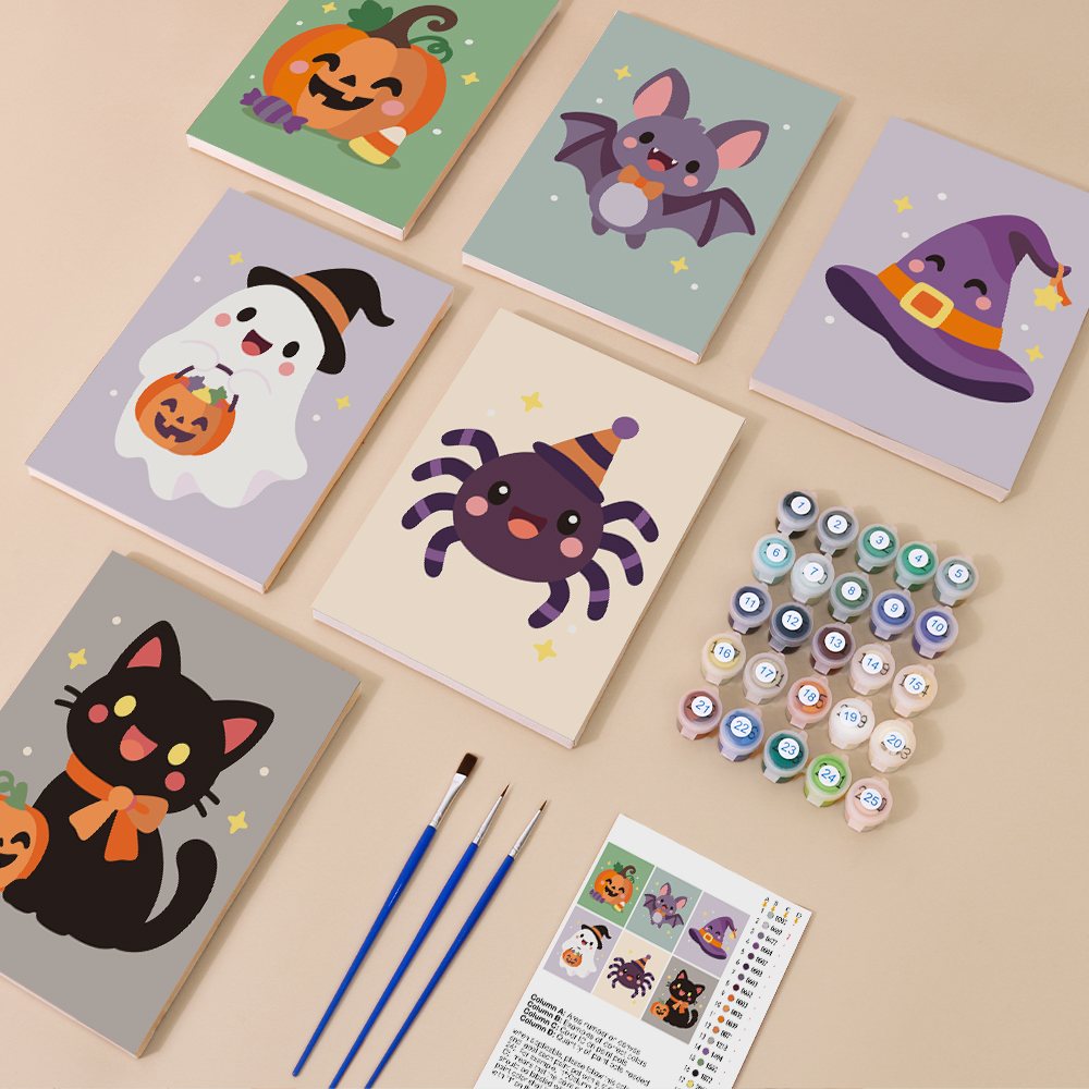 Pastel Kawaii Icons mini paint by numbers kit with six numbered canvases, acrylic paints, brushes and layout