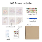 What's included without a frame: six rolled Pastel Kawaii Icons mini canvases, acrylic paints, three brushes and layout