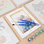 Numbered paint pots and brushes on a pre-stretched Pastel Kawaii Icons mini canvas