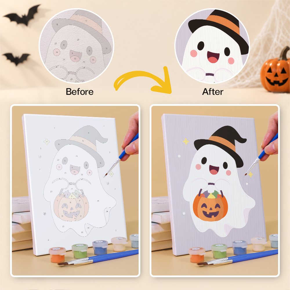 Before and after of a Pastel Kawaii Icons mini paint by numbers canvas