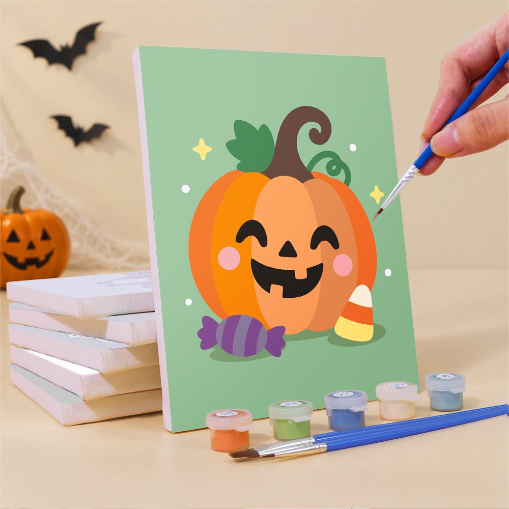Painting a Pastel Kawaii Icons mini canvas propped up beside numbered acrylic paints