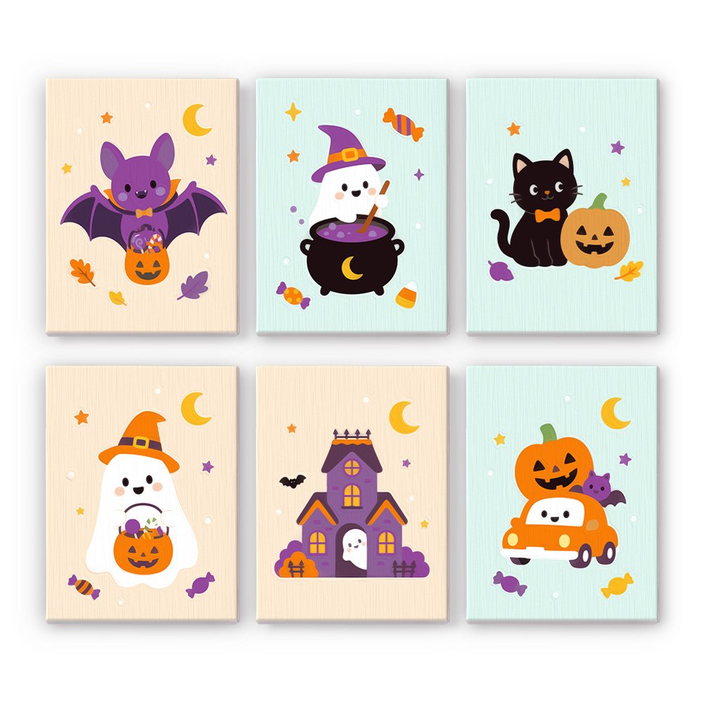 Pastel Pumpkin Pals mini paint by numbers set: six pastel Halloween friends including a bat, ghosts, a black cat, a haunted house and a pumpkin car