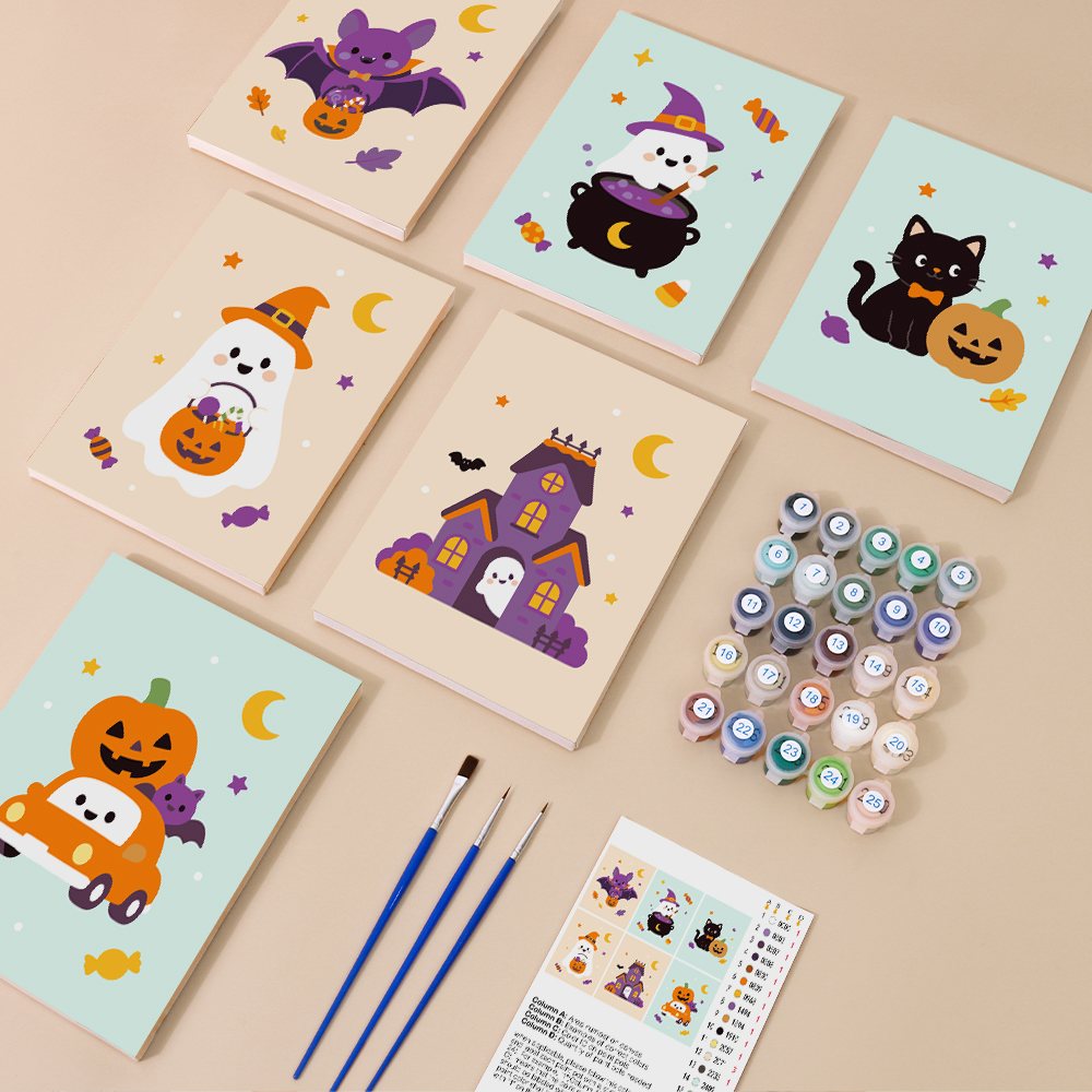 Pastel Pumpkin Pals mini paint by numbers kit with six numbered canvases, acrylic paints, brushes and layout