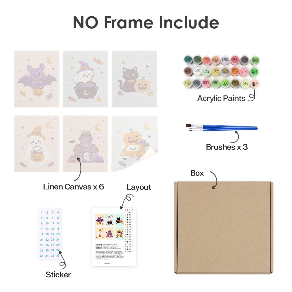 What's included without a frame: six rolled Pastel Pumpkin Pals mini canvases, acrylic paints, three brushes and layout