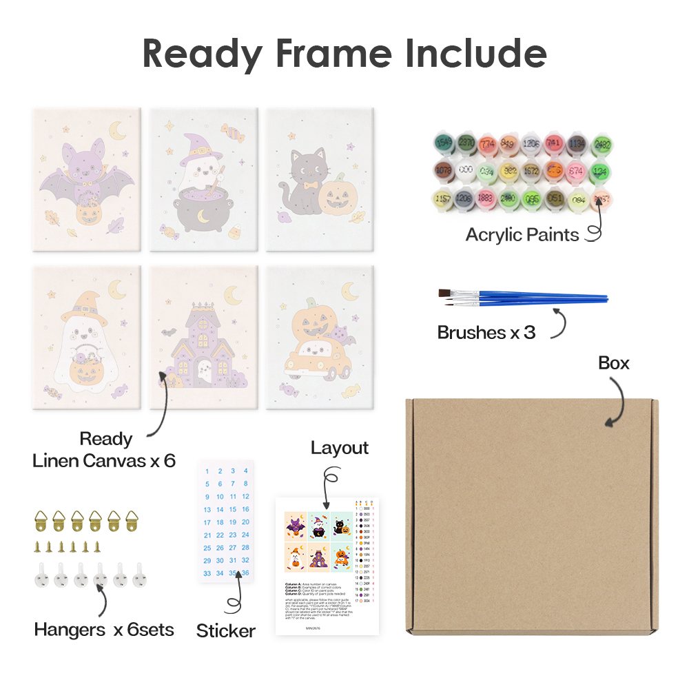 What's included pre-stretched on frame: six framed Pastel Pumpkin Pals mini canvases, paints, three brushes, hangers and layout