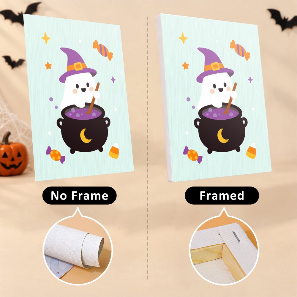 Pastel Pumpkin Pals mini canvas shown rolled without a frame and pre-stretched on a frame