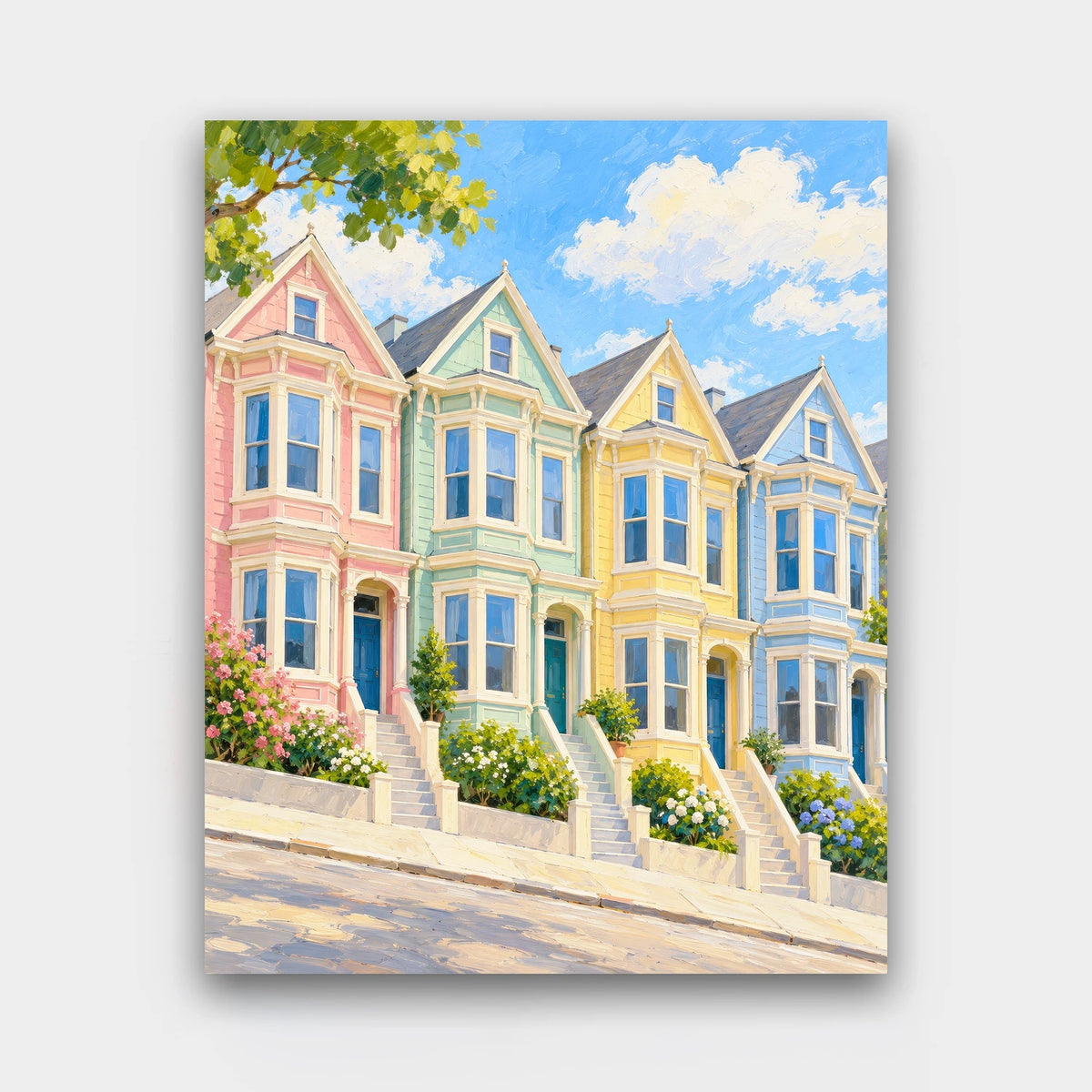 Pastel Row Houses paint by numbers kit of a row of pink, mint, yellow and blue Victorian row houses on a sloping street