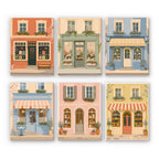 Pastel Storefronts mini paint by numbers set: six European shopfronts with awnings, flower boxes and café tables