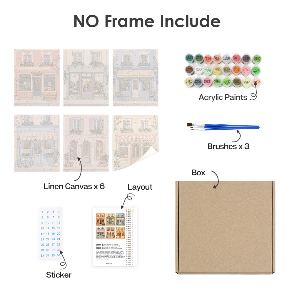 What's included without a frame: six rolled Pastel Storefronts mini canvases, acrylic paints, three brushes and layout
