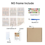 What's included without a frame: six rolled Pastel Storefronts mini canvases, acrylic paints, three brushes and layout