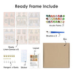 What's included pre-stretched on frame: six framed Pastel Storefronts mini canvases, paints, three brushes, hangers and layout