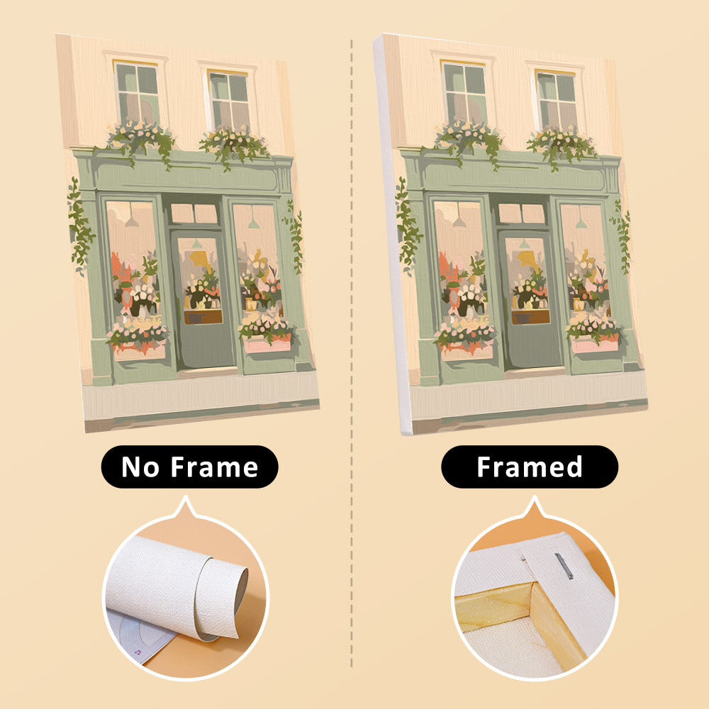 Pastel Storefronts mini canvas shown rolled without a frame and pre-stretched on a frame