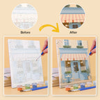 Before and after of a Pastel Storefronts mini paint by numbers canvas