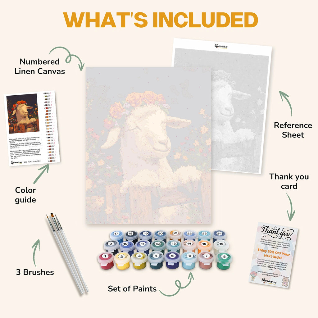What's included in the Pasture Happiness paint by numbers kit: numbered linen canvas, reference sheet, color guide, 24 acrylic paints, 3 brushes and thank you card