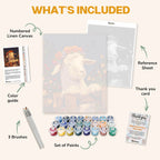 What's included in the Pasture Happiness paint by numbers kit: numbered linen canvas, reference sheet, color guide, 24 acrylic paints, 3 brushes and thank you card