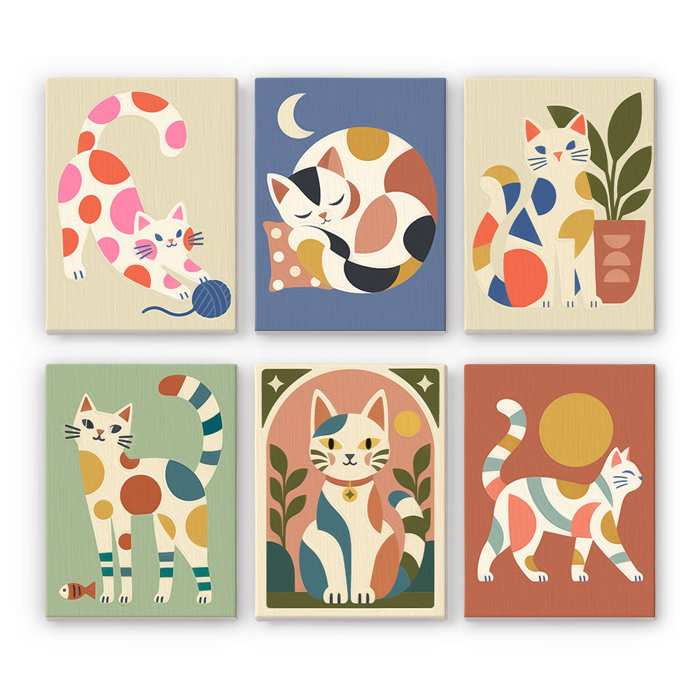 Patchwork Cats mini paint by numbers set: six playful modern cats with colorful patchwork spots
