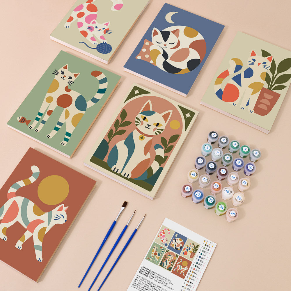 Patchwork Cats mini paint by numbers kit with six numbered canvases, acrylic paints, brushes and layout