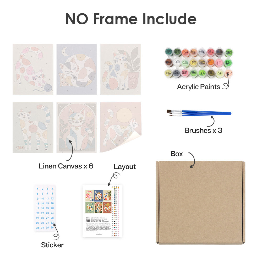 What's included without a frame: six rolled Patchwork Cats mini canvases, acrylic paints, three brushes and layout