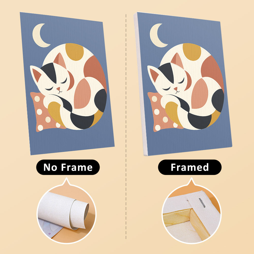 Patchwork Cats mini canvas shown rolled without a frame and pre-stretched on a frame