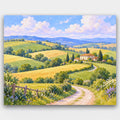 Patchwork Countryside paint by numbers kit of rolling patchwork fields, hedgerows and a winding lane leading to a farmhouse